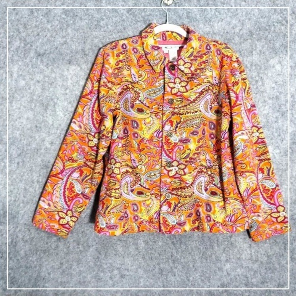 Coldwater Creek Jacket M Orange Beaded Paisley Sequin Western Buttons Mod‎ Retro